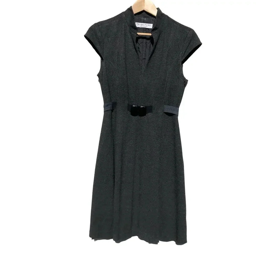 Trina Turk Charcoal Grey Belted Lace Hem Millionaire Ponte Knit Dress Size 4 - Picture 2 of 9